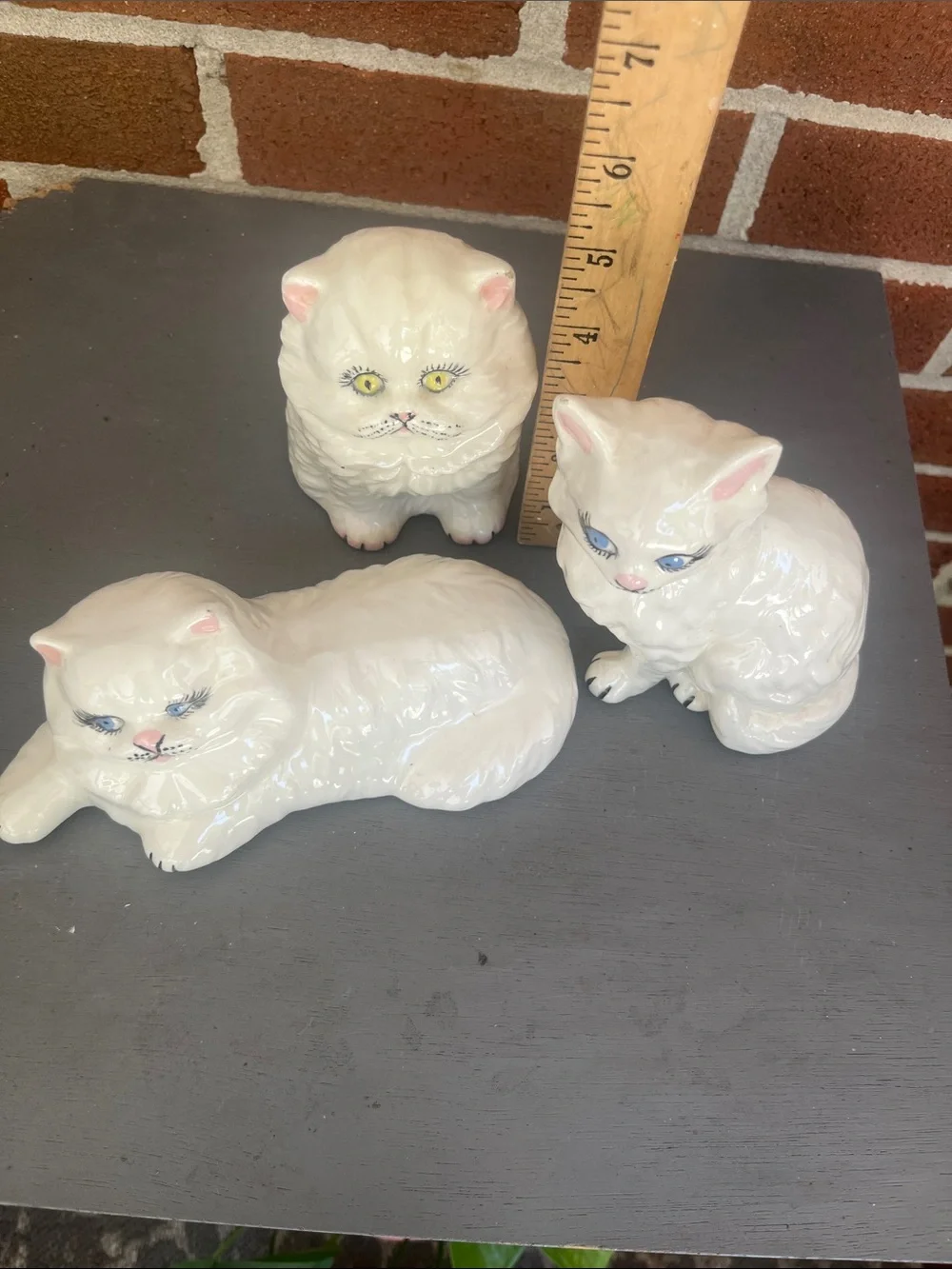 Vintage White Ceramic Cats Blue & green eyes Hand-painted Set of 3